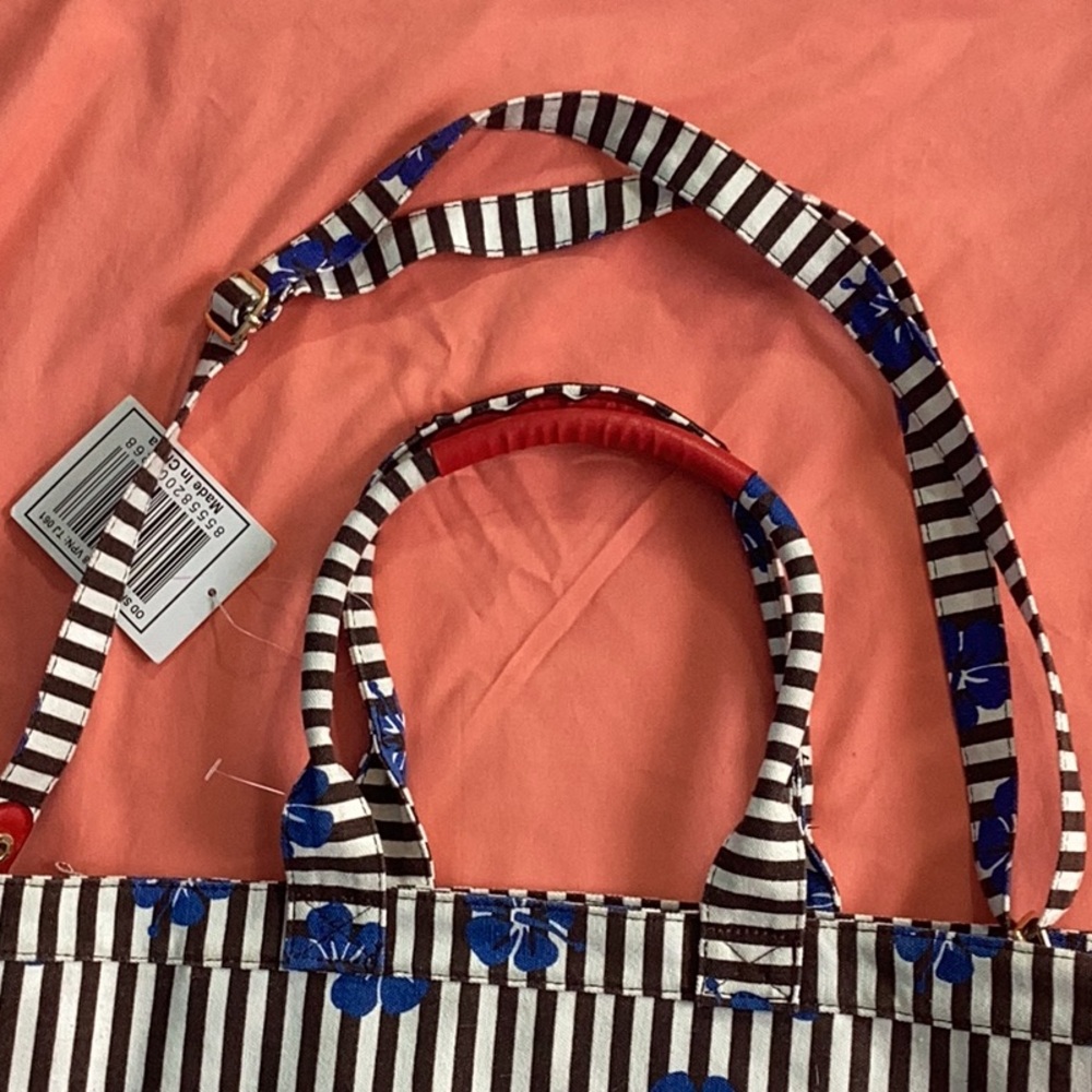 Striped Floral Tote Bag with Pouch - Picture 2 of 8